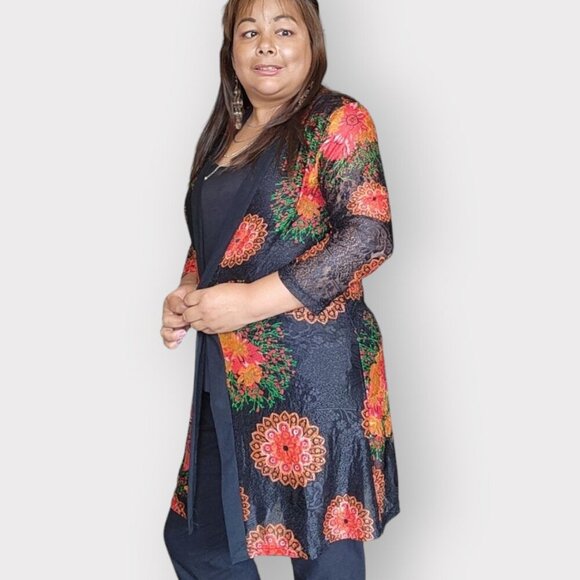 WOMENS XL BLACK AND ORANGE FLORAL LACE BLOUSE - Picture 1 of 4